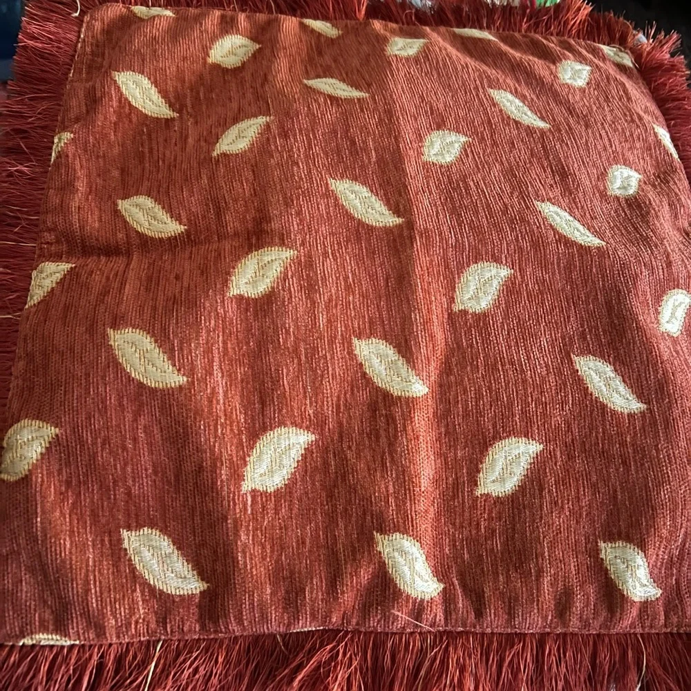 Rustic Embroidered Pillow‎ Cover – Autumn Red with Fringe Edges